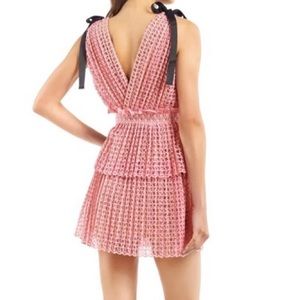 SELF PORTRAIT BOW- DETAIL TIERED GUIPURE LACE MINI PINK DRESS